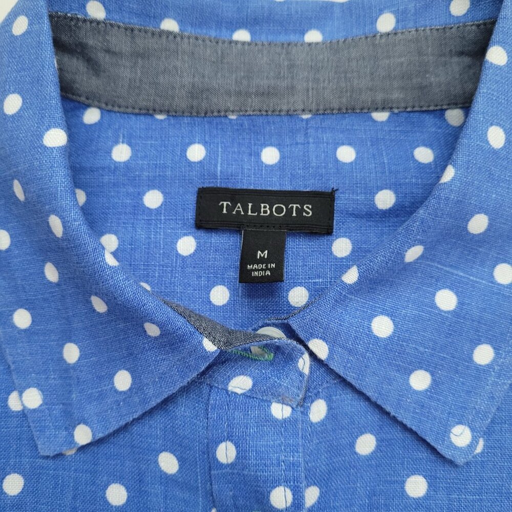 Talbots Polka Dot Shirt Button Up 100% Linen Medium Preppy Coastal Chic Classic - Picture 4 of 11